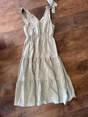 Tiered V-Neck Midi Dress with Tie Straps - Sage